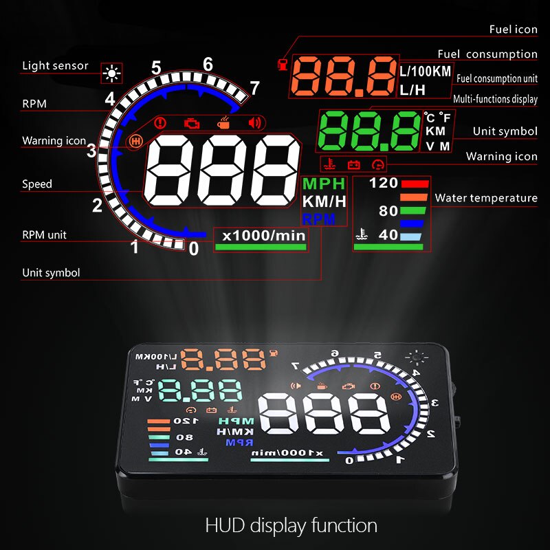 5.5'' A8 HUD Car Head Up Display OBD II EUOBD LED Windscreen Project Alarm System on-board OBD scanner Universal auto