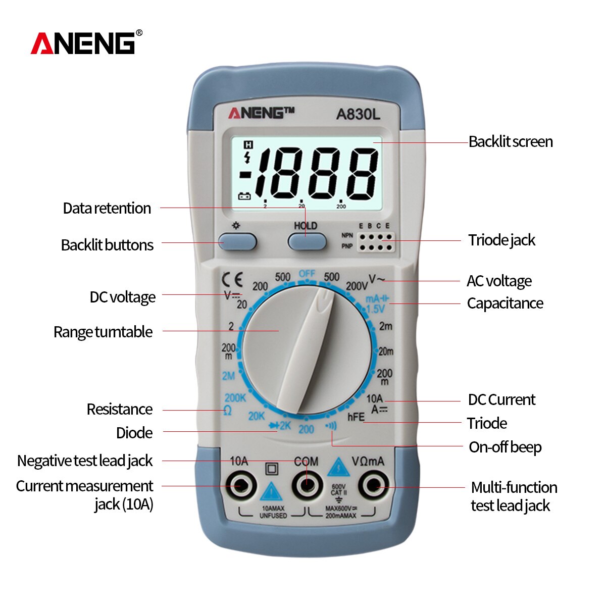 ANENG A830L Profesional Eletric Smart Digital Multimeter 1999 Counts Accurate Range AC/DC Voltage Current Tester Lcr Meter