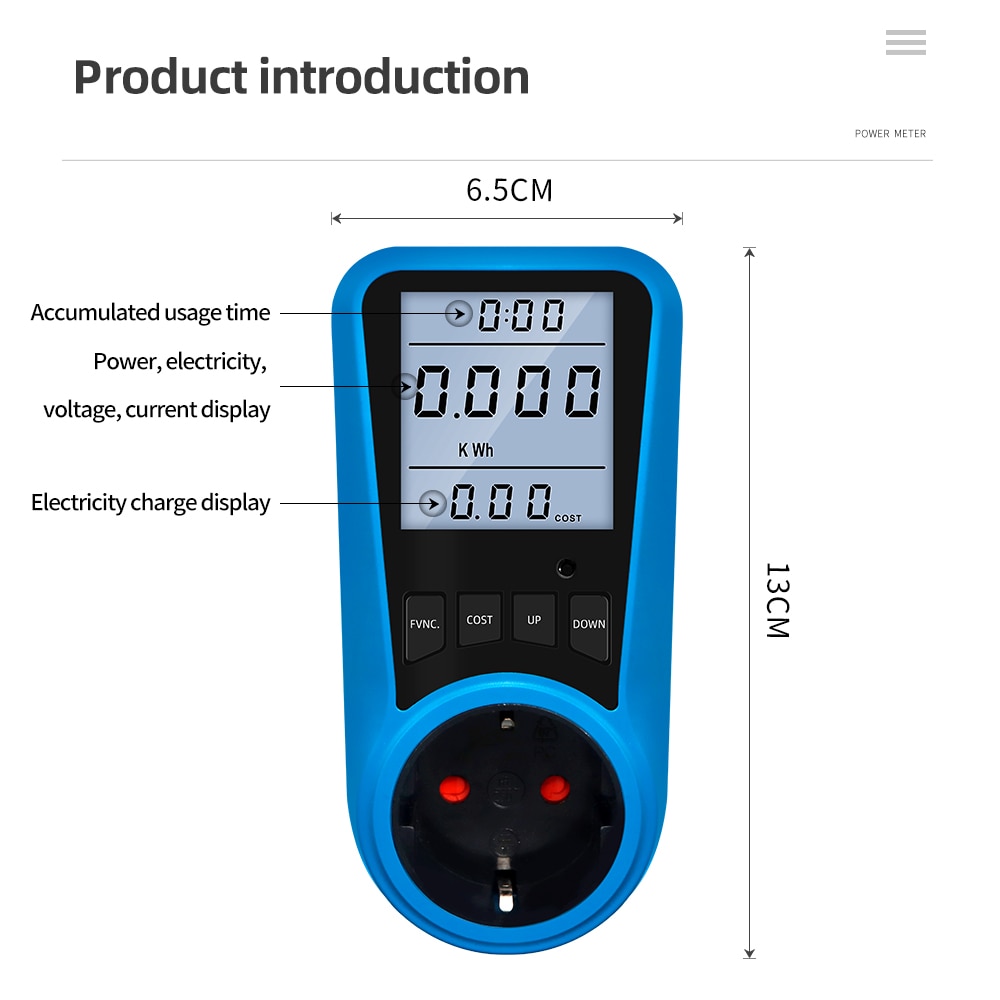 AC Power Meter Digital Wattmeter Watt Energy Monitor Time Voltage Display Socket Analyzer EU UK AU US BR FR IT Plug Backlight