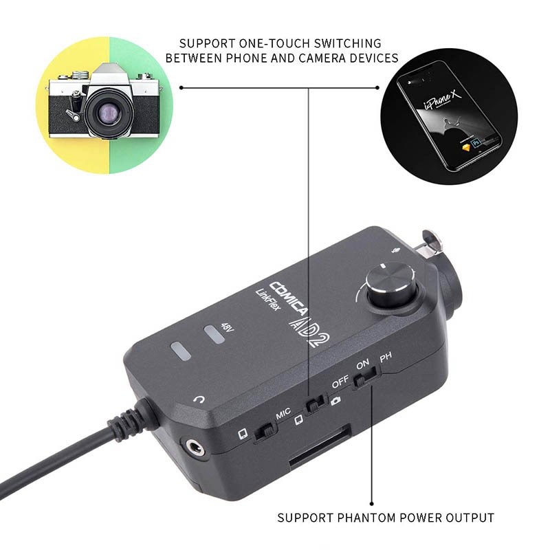 AD2 XLR/ 6.35mm Microphone Preamp with XLR/Guitar Interface Adaptor for iPhone iPad Mac/PC, Android Phone DSLR Cameras