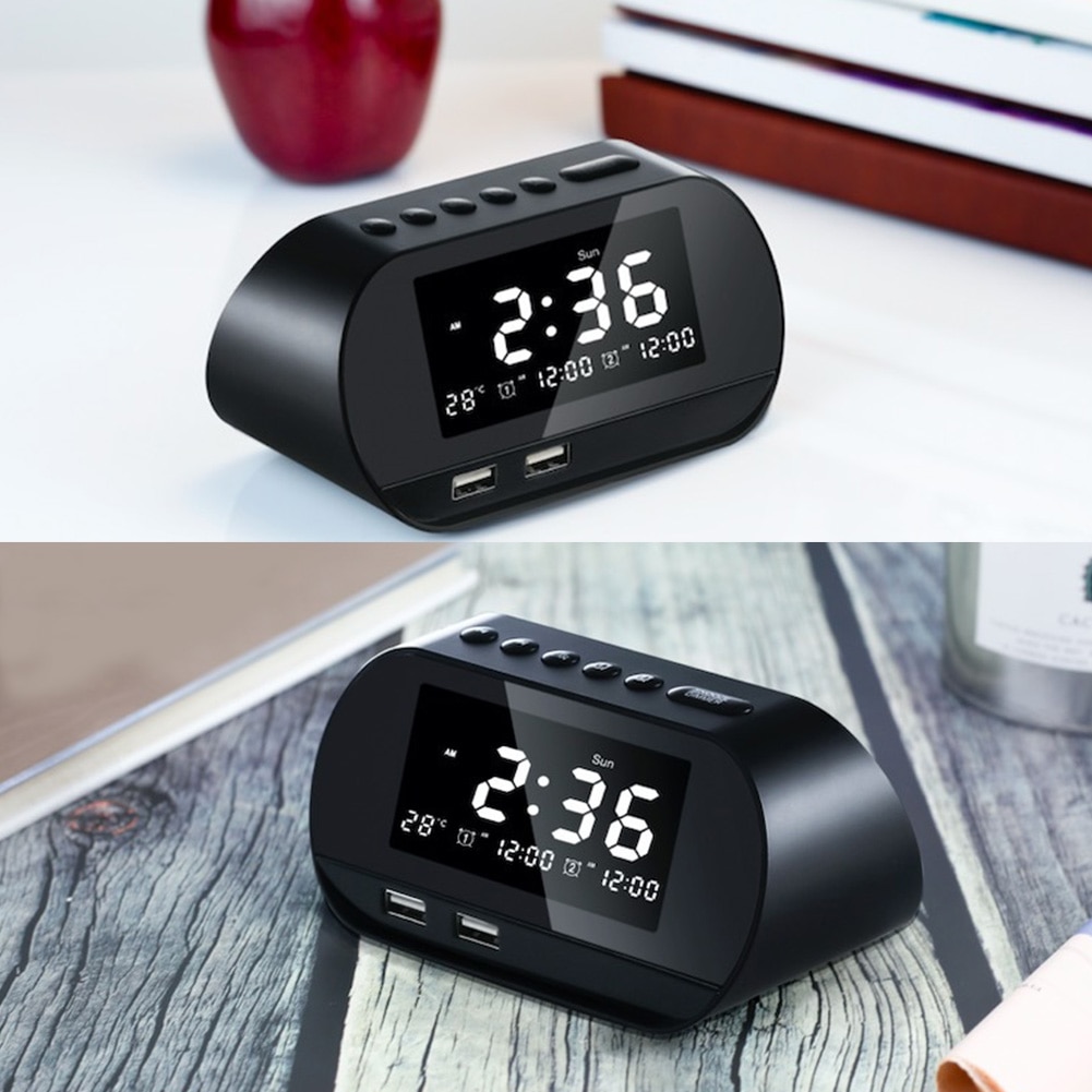 Dual USB Phone Charger Home FM Raido Alarm Clock Multifunctional Office Adjustable Brightness LCD Display Perpetual Calendar