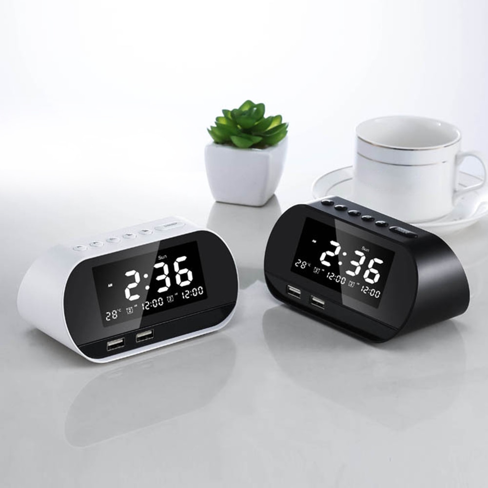 Dual USB Phone Charger Home FM Raido Alarm Clock Multifunctional Office Adjustable Brightness LCD Display Perpetual Calendar