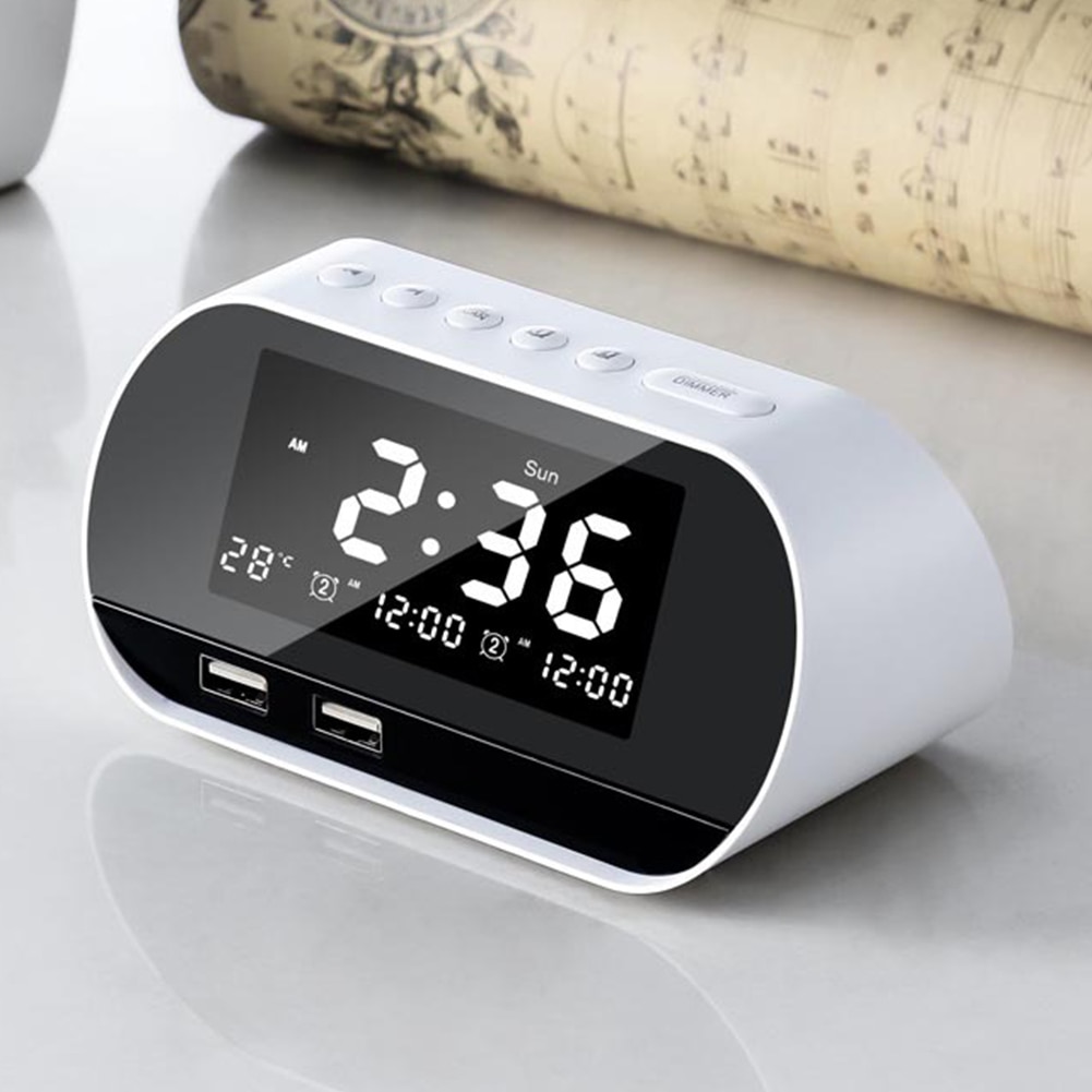 Dual USB Phone Charger Home FM Raido Alarm Clock Multifunctional Office Adjustable Brightness LCD Display Perpetual Calendar