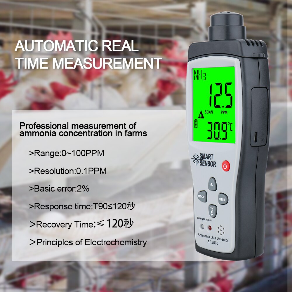 Ammonia Gas Detector NH3 Gas Analyzer Meter Tester Air Quality Monitor Handheld 0-100PPM Sound Light Alarm AR8500