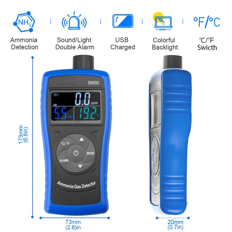 5800G Ammonia Gas Monitoring Detector NH3 Monitor,0-100ppm Particle Detector Meter with USB Recharge Battery For Industry Farms