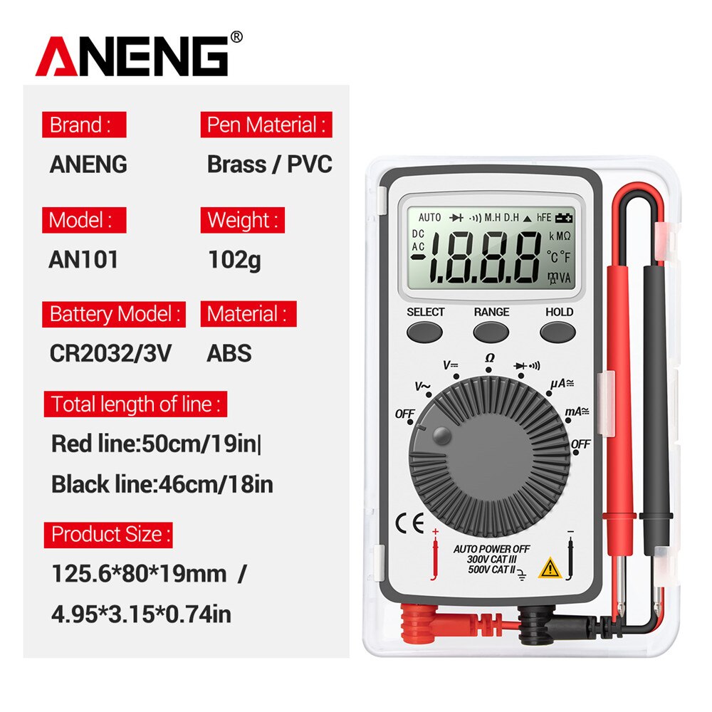 ANENG AN101 Mini Multimeter 1999 Count DC/AC Voltage Current Automatic Meter Pocket Voltmeter Ammeter Tester with Test Tool