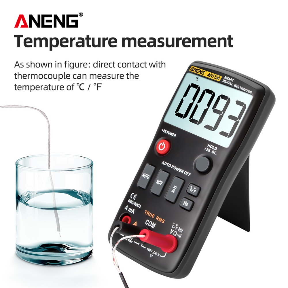 ANENG AN113A Digital Multimeter True RMS with Temperature Tester 4000 Counts Auto-Ranging AC/DC Transistor Voltage Meter