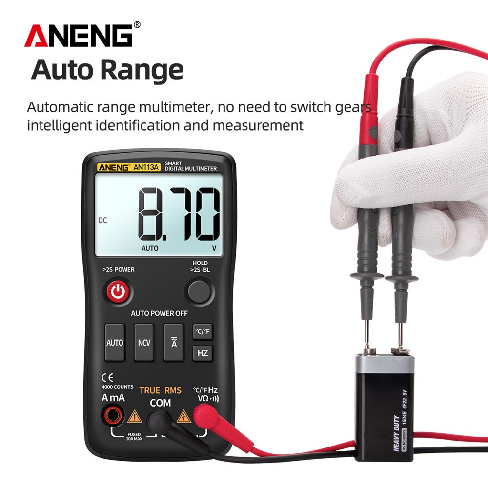 ANENG AN113A Digital Multimeter True RMS with Temperature Tester 4000 Counts Auto-Ranging AC/DC Transistor Voltage Meter