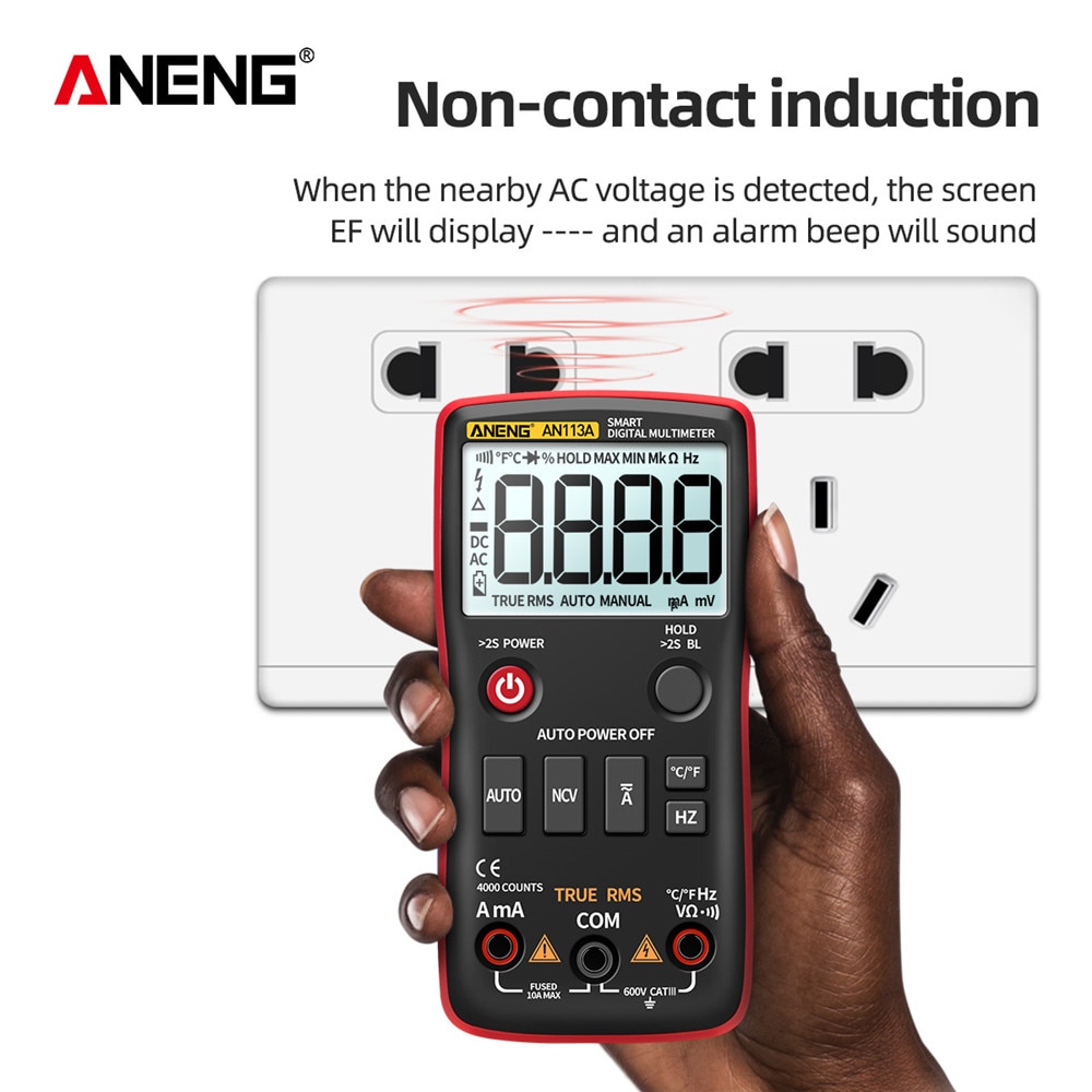 ANENG AN113A Digital Multimeter True RMS with Temperature Tester 4000 Counts Auto-Ranging AC/DC Transistor Voltage Meter