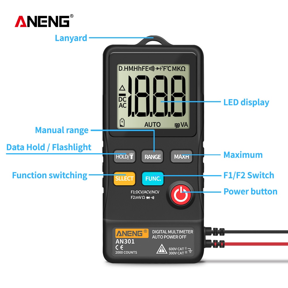 ANENG AN301 True Rms Digital Multimeter Tester Meter Transistor Testers Automatic Multimetro Profesional  AC/DC Car