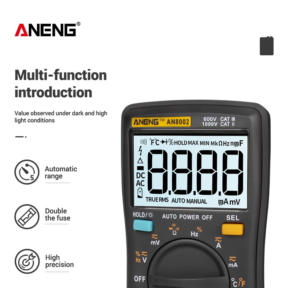 ANENG AN8002 Digital Multimeter 6000 Counts Backlight AC/DC Ammeter Voltmeter Ohm Alligator Clip Jumper Wire Test