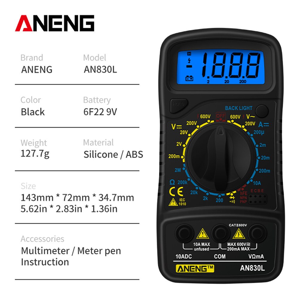 ANENG AN830L Digital Multimeter Voltmeter Ammeter AC/DC OHM Tranistor NCV Tester LCD Current  Analog Multi Meter Capacitance