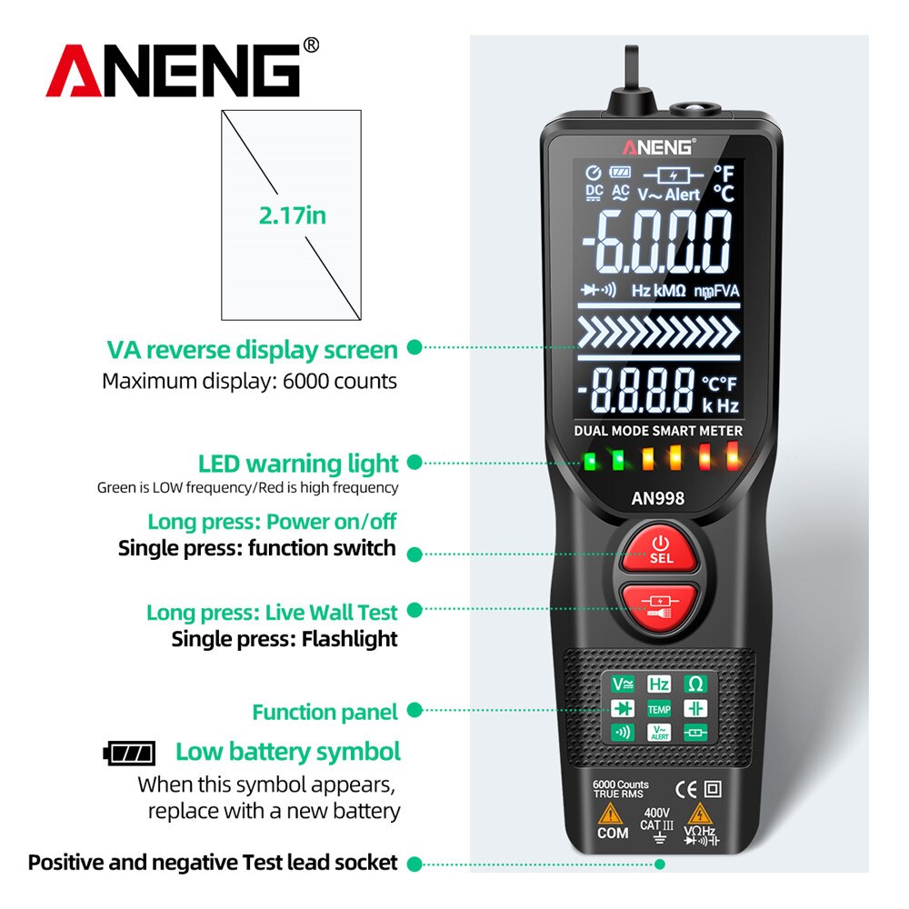ANENG AN998 Automatic Digital 6000 Counts Professional Multimeter Eletric Auto Ranging AC/DC Voltmeter Temp Ohm Hz Detector Tool