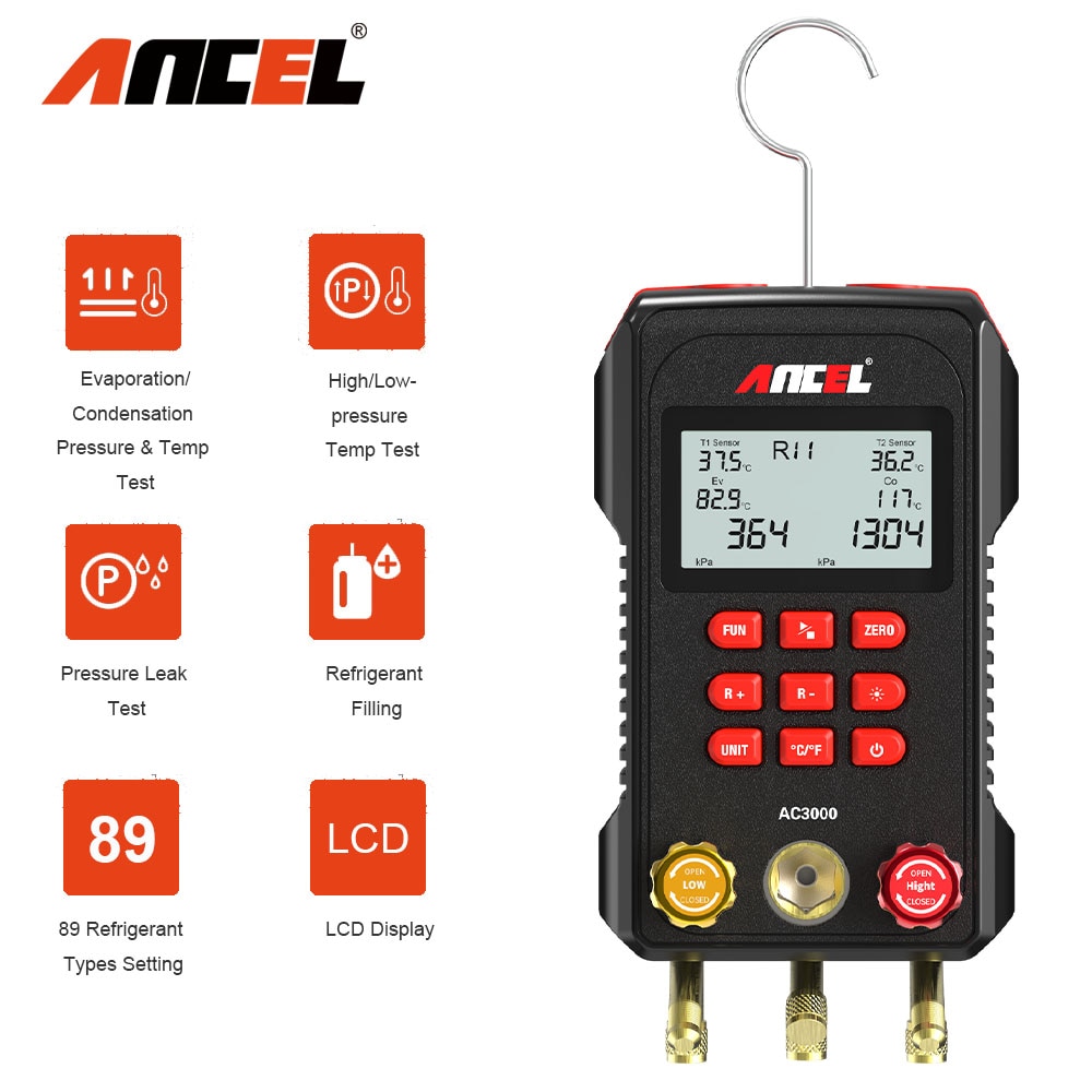 ANCEL AC3000 Manifold Digital Meter High Low Pressure Temperature Gauge Vacuum Pressure Leak Test Air-Condition