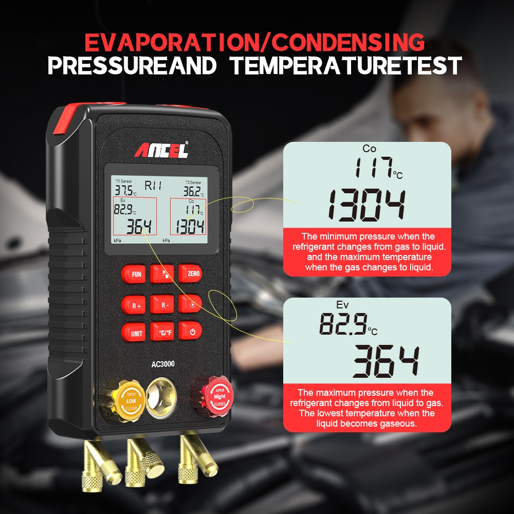 ANCEL AC3000 Manifold Digital Meter High Low Pressure Temperature Gauge Vacuum Pressure Leak Test Air-Condition