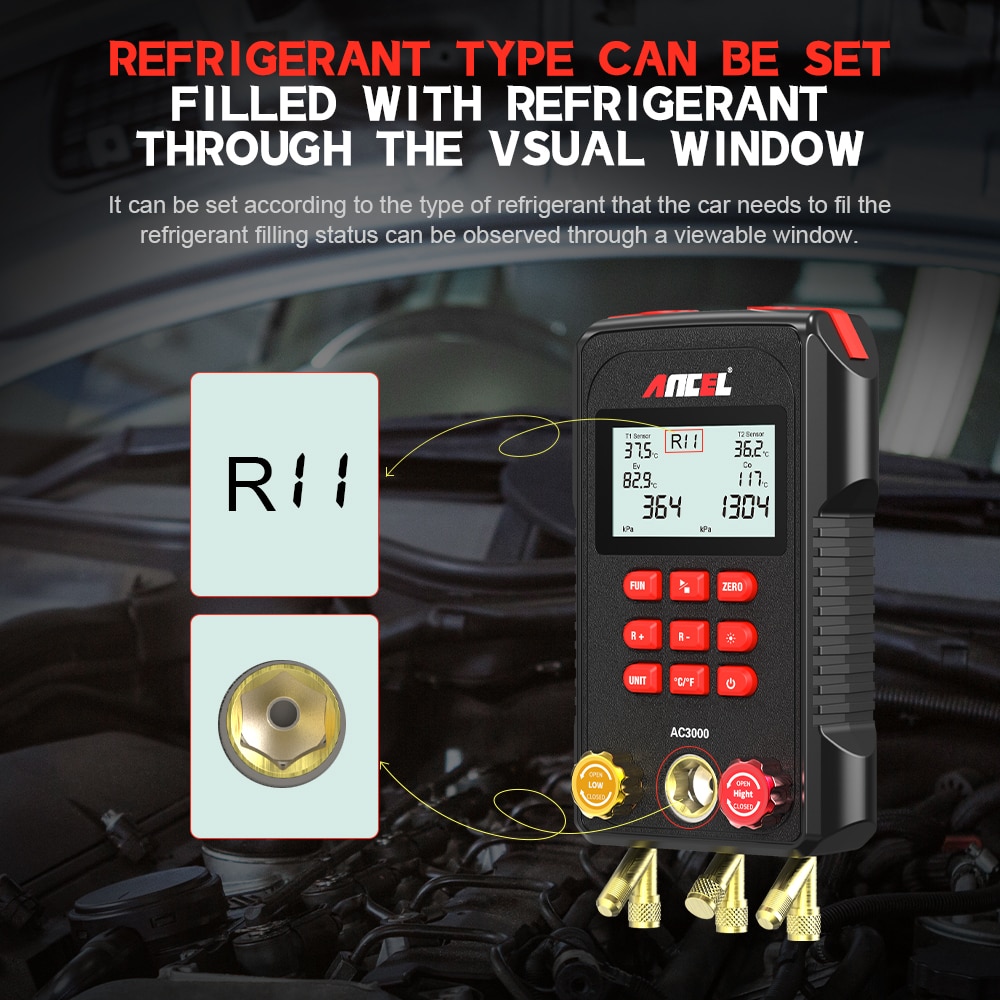 ANCEL AC3000 Manifold Digital Meter High Low Pressure Temperature Gauge Vacuum Pressure Leak Test Air-Condition