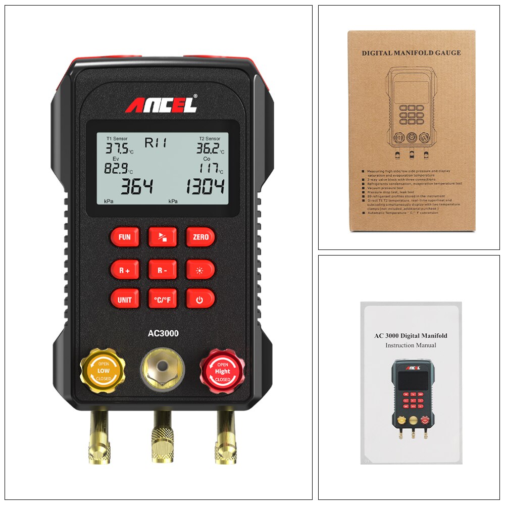 ANCEL AC3000 Manifold Digital Meter High Low Pressure Temperature Gauge Vacuum Pressure Leak Test Air-Condition