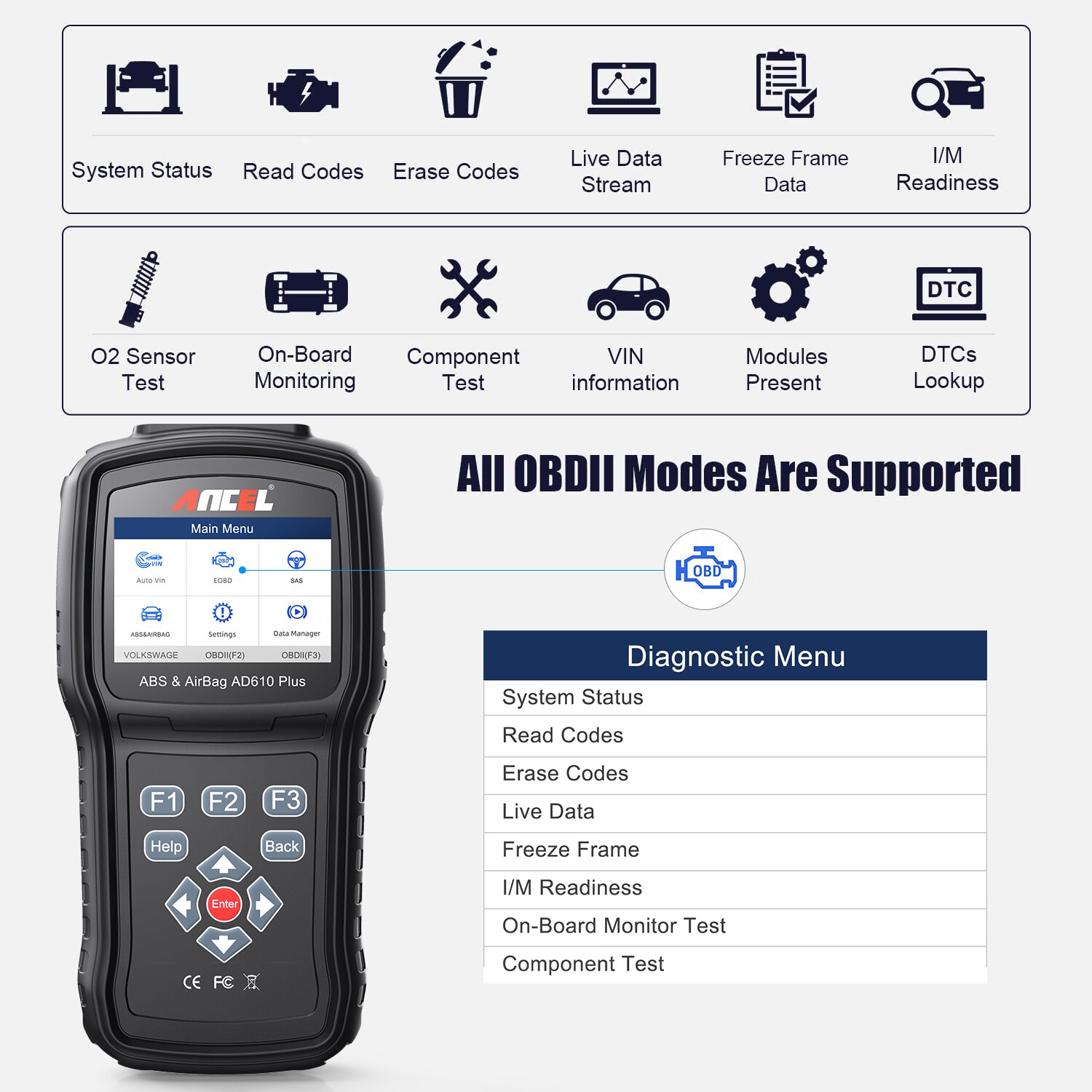 ANCEL AD610 Plus OBD2 Automotive Scanner Engine Check ABS SRS Airbag SAS Reset Code Reader for Autotool Diagnostic Scanner Tools
