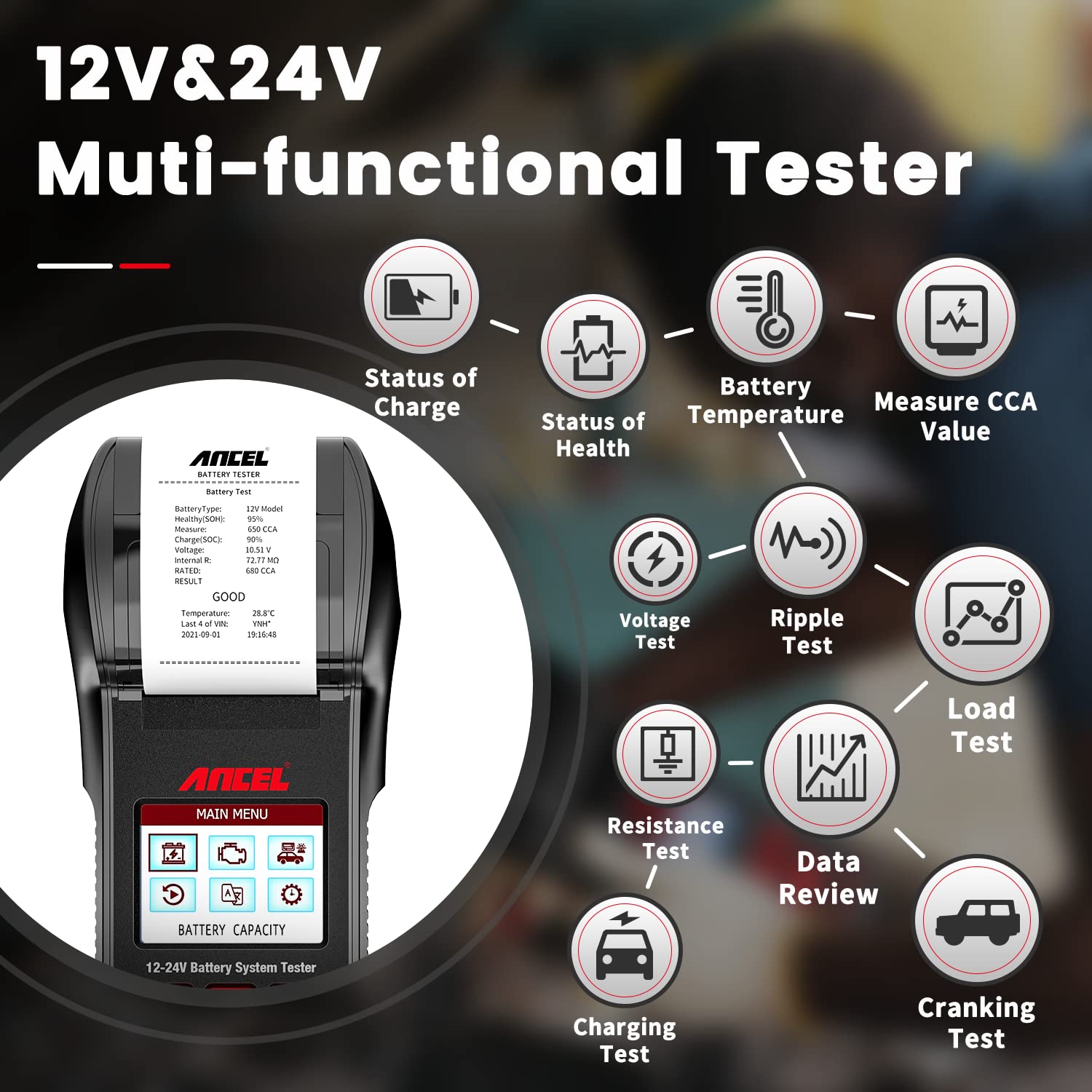 ANCEL BST600 12V/24V Car Battery Tester 100-2000 CCA Battery Load Tester Car System Analyzer Tool for Trucks/Cars/Motorcycles