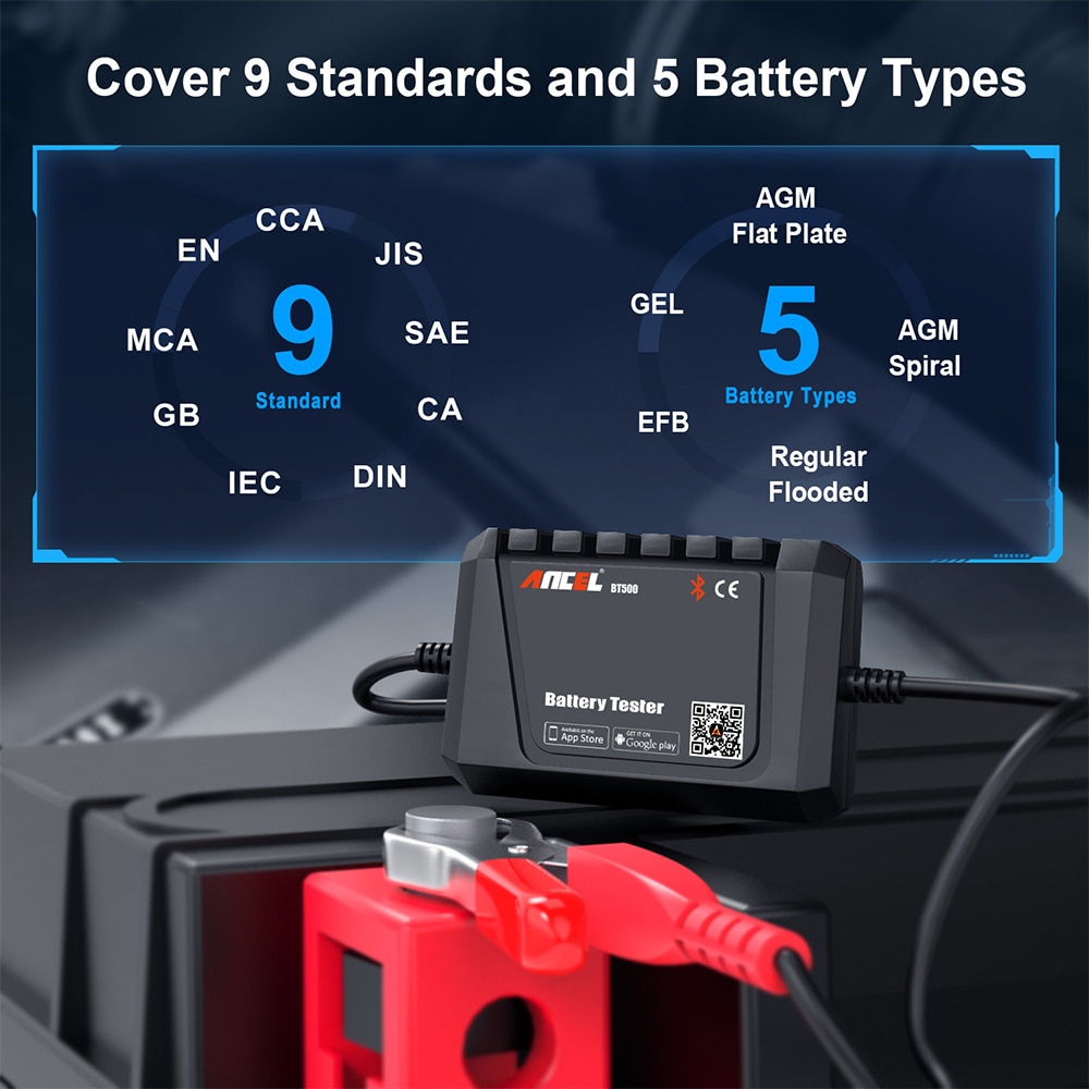 ANCEL BT500 Car Battery Tester 12V  Bluetooth Analyzer Car Electric Circuit Cranking Test Android IOS Battery Charging Tester