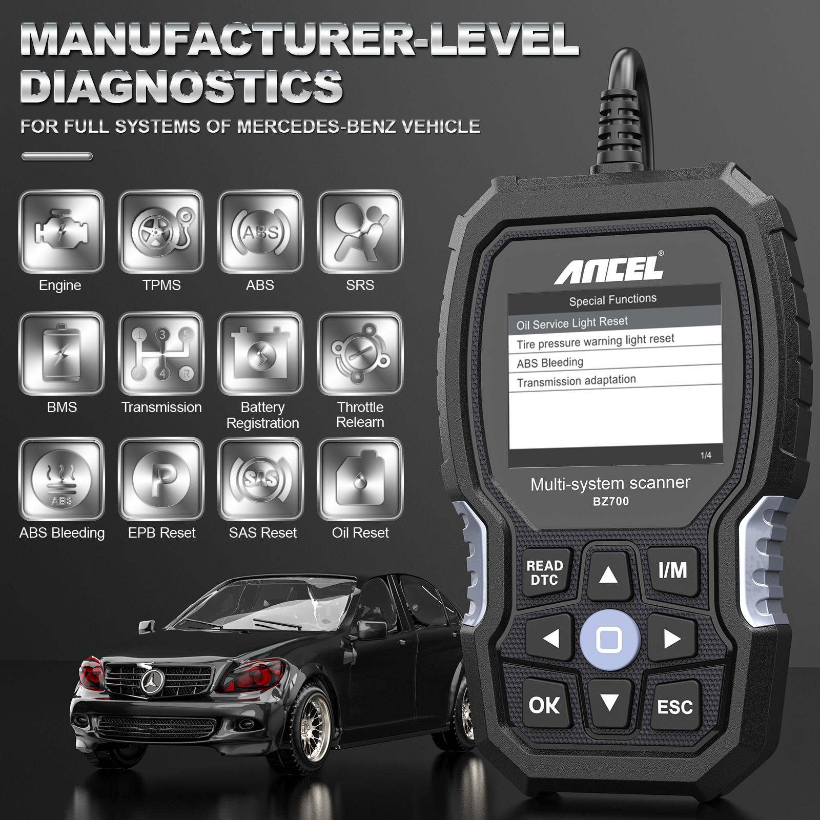 ANCEL BZ700 OBD2 Scanner for Mercedes Benz All System ABS SRS Airbag SAS TPMS Reset Car Diagnostic Tool Engine OBD Code Reader