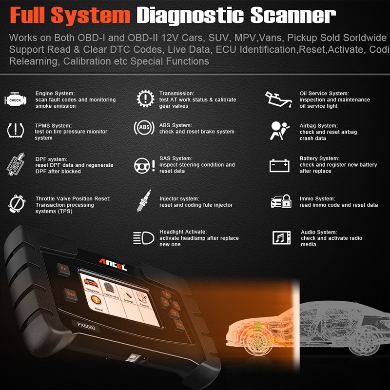 Ancel FX6000 OBD2 Car Diagnostic Scanner All System Scanner Automotive ABS EPB DPF Code Programming OBD Scanner Diagnostic Tool