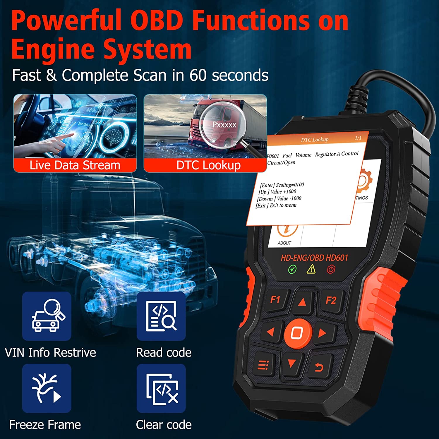 ANCEL HD601 Heavy Duty Truck Code Reader Full System OBD2 Diagnostic Scan Tool Check Engine for Freightliner Cummins Code Reader