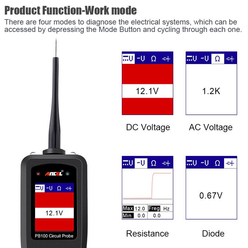 Ancel PB100 Circuit Tester Power Probe Automotive Diagnostic Tool 12V 24V Electrical Current Voltage Integrated Power Scanner