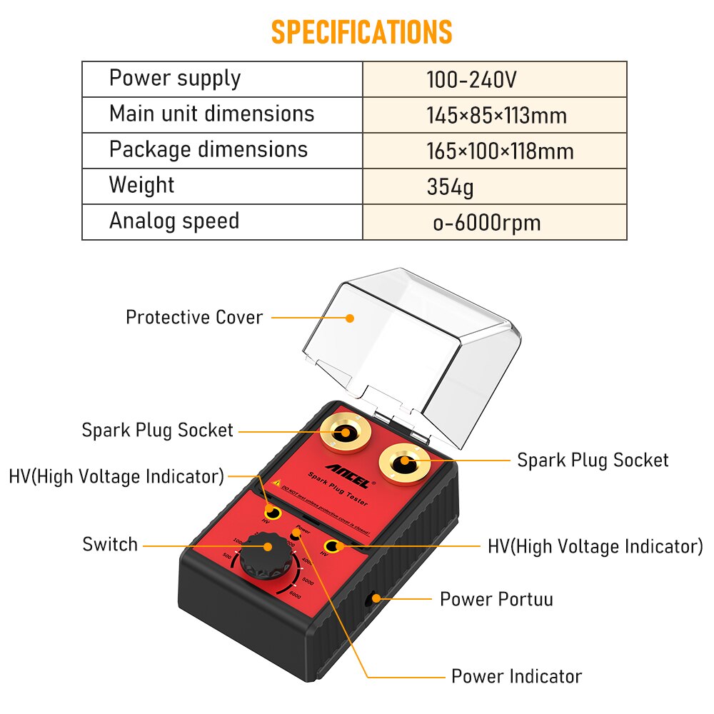 ANCEL Spark Plug Tester Professional Dual Hole 110V 220V 12V Car Petrol Ignition Analyzer Diagnostic Tool