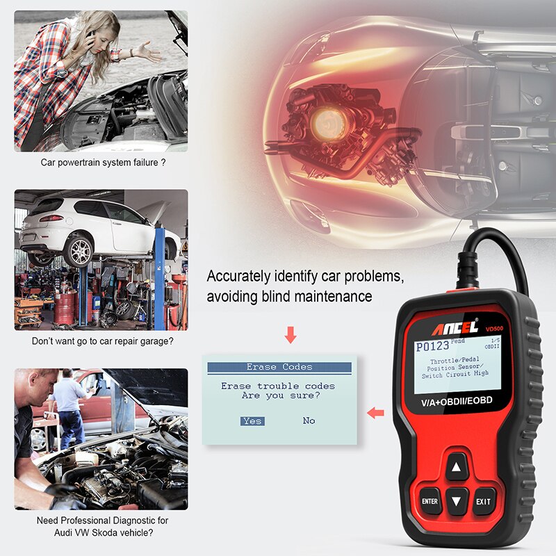 ANCEL VD500 OBD II Diagnostic Scanner For Volkswagen VW Audi Skoda Diagnosis Check Engine Light ABS SRS Code Reader Full System