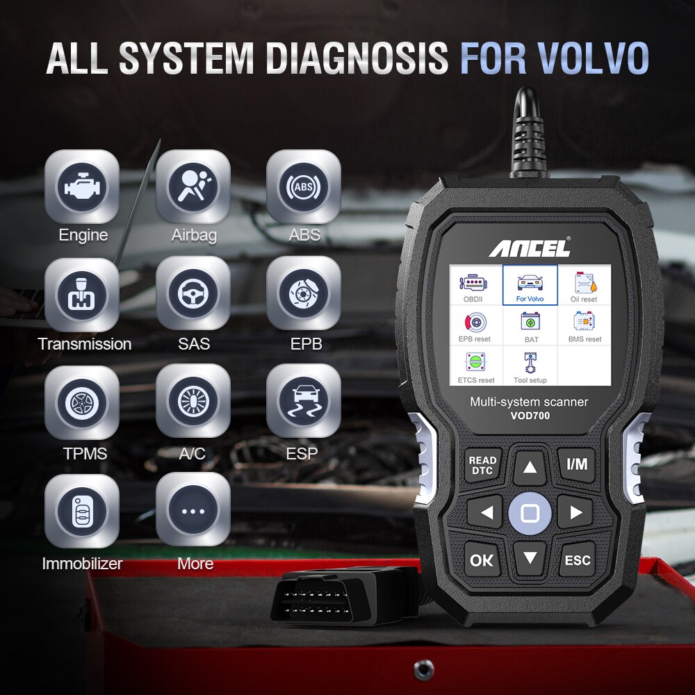 ANCEL VOD700 OBD2 Scanner All System Diagnostic Tool Automotive Scanner Car Tools Check Engine EPB SRS TPMS DPF Reset for Volvo