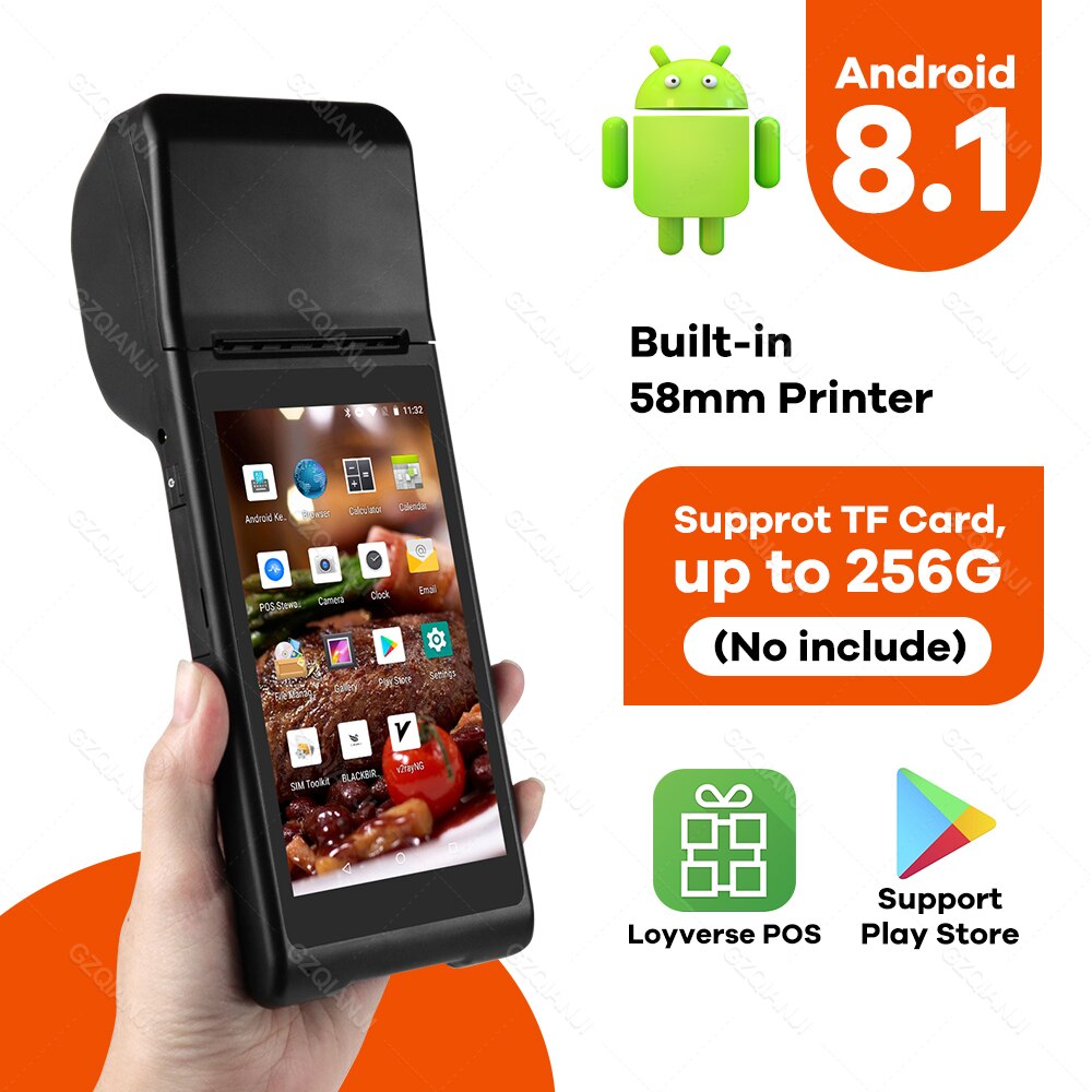 Q8 Android 8.1 Terminal POS Machine 5.5 Inch Touch Screen Built-in 58mm Bluetooth Thermal Receipt Printer Support Wifi TF Card