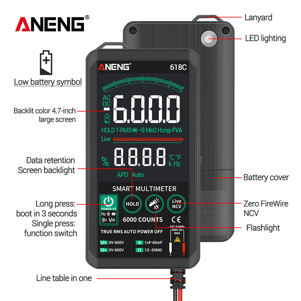 ANENG 618A/618B/618C Digital Multimeter Smart Touch DC Analog Bar True RMS Auto Tester Professional Transistor Capacitor NCV Testers Meter