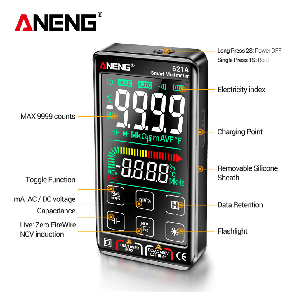 ANENG 621A Smart Digital Multimeter Touch Screen Multimetro Tester transistor 9999 Counts True RMS Auto Range DC/AC 10A Meter