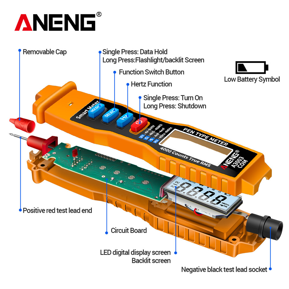 ANENG A3003 Digital Pen Multimeter Professional 4000 Counts Smart Meter with NCV AC/DC Voltage Resistance Capacitance Testers