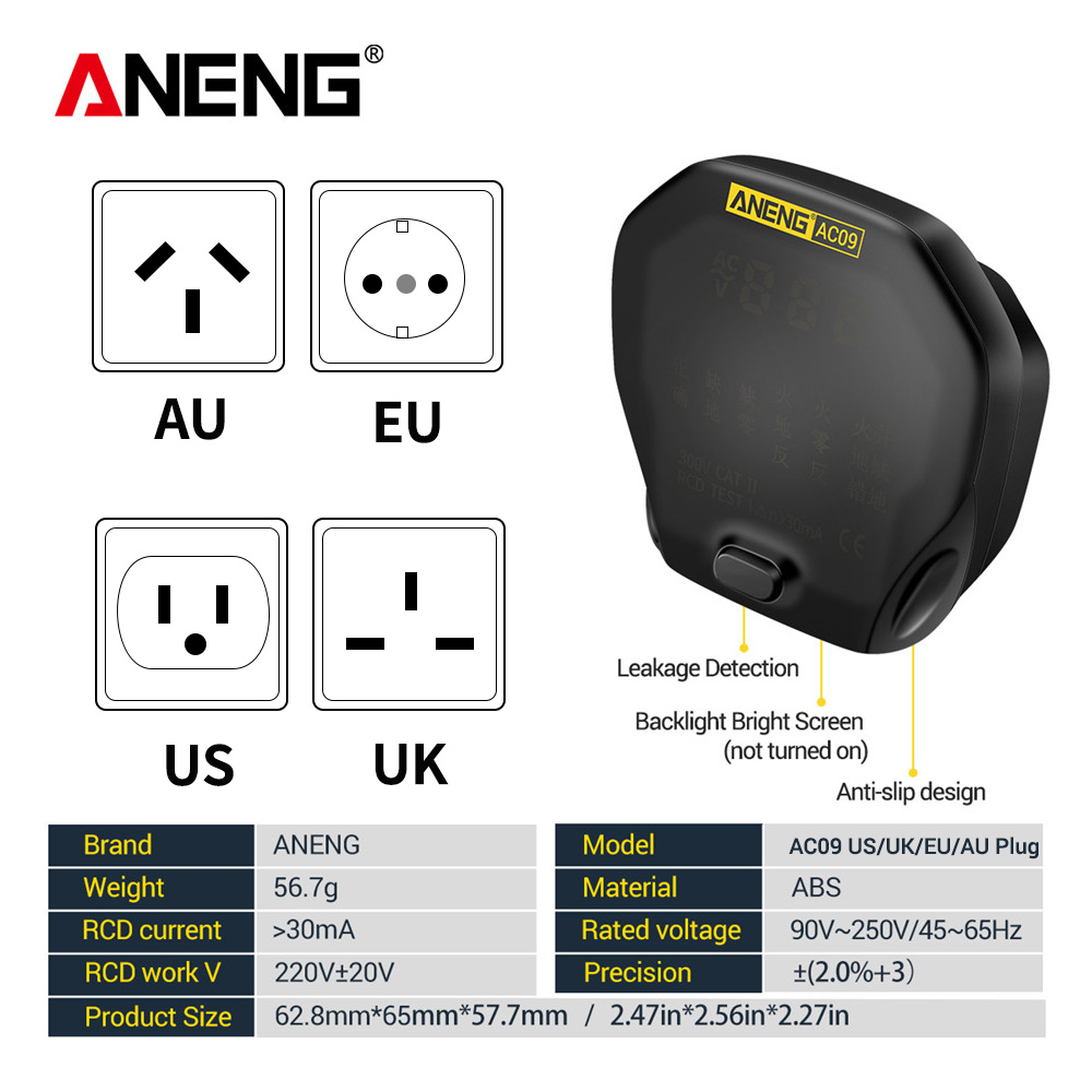 ANENG AC09 Digital Socket Tester Voltage Test Socket Detector US/UK/EU/AU Plug Live Ground Neutral Phase Meter RCD Test