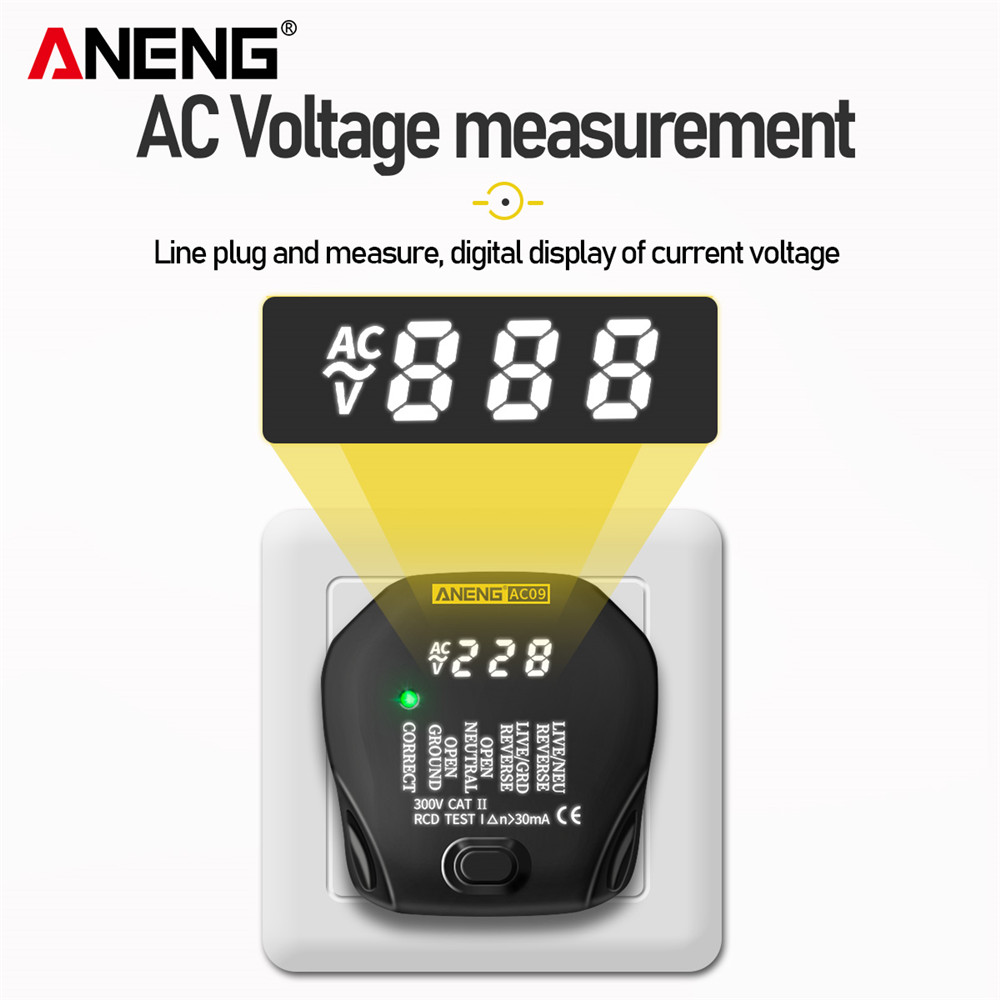 ANENG AC09 Digital Socket Tester Voltage Test Socket Detector US/UK/EU/AU Plug Live Ground Neutral Phase Meter RCD Test