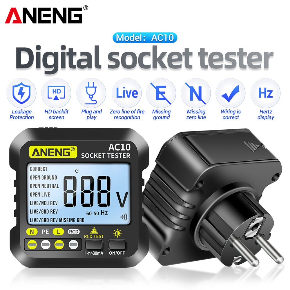 ANENG AC10 Socket Tester Plug Detector Zero Line Plug Polarity Phase Check Phase Detector US/EU Plug Multimeter Digital Tester