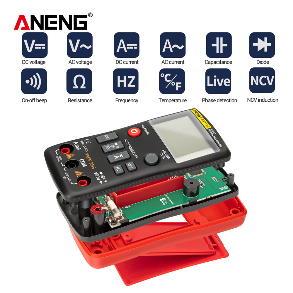 ANENG AN113B Digital Multimeter True RMS with Temperature Tester 6000 Counts Auto-Ranging AC/DC Transistor Voltage Meter
