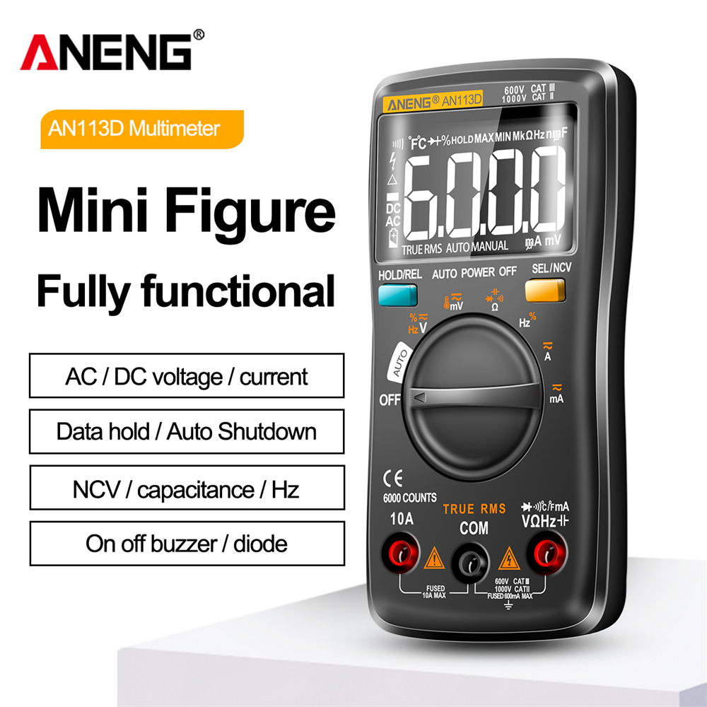 ANENG AN113D Digital Multimeter 6000 Counts Electrical Meter Transistor Tester Auto Rang AC/DC Voltage Process Calibrator