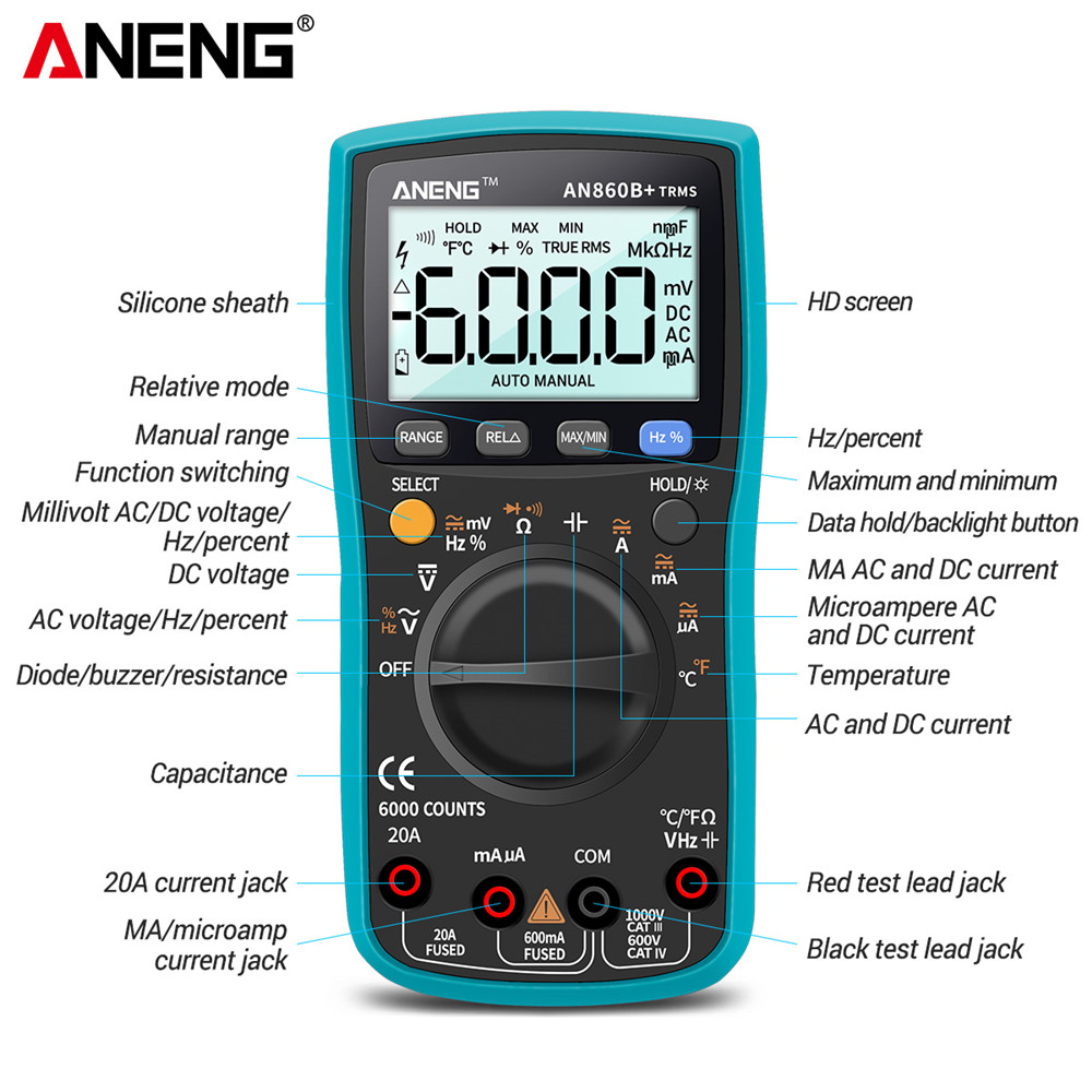 ANENG AN860B/AN860B+ Digital Multimeter AC/DC 6000 Counts True RMS 20A Current Profesional Tester NCV Multimetro with Thermocouple