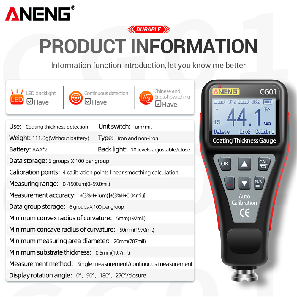 ANENG CG01 Coating Thickness Gauge Measuring FE/NFE 0.1micron/0-1500 Car Paint Film Thickness Tester Russian Manual Paint Tool