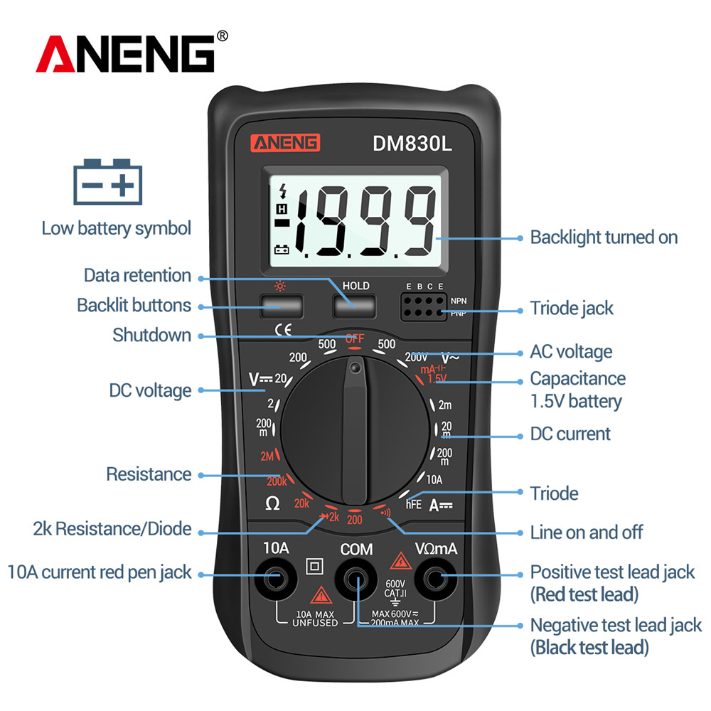 ANENG DM830L Digital Multimeter Meter Testers 1999 Count Electrical Transistor Capacitance DC/AC Multimetro With LCD Backlight