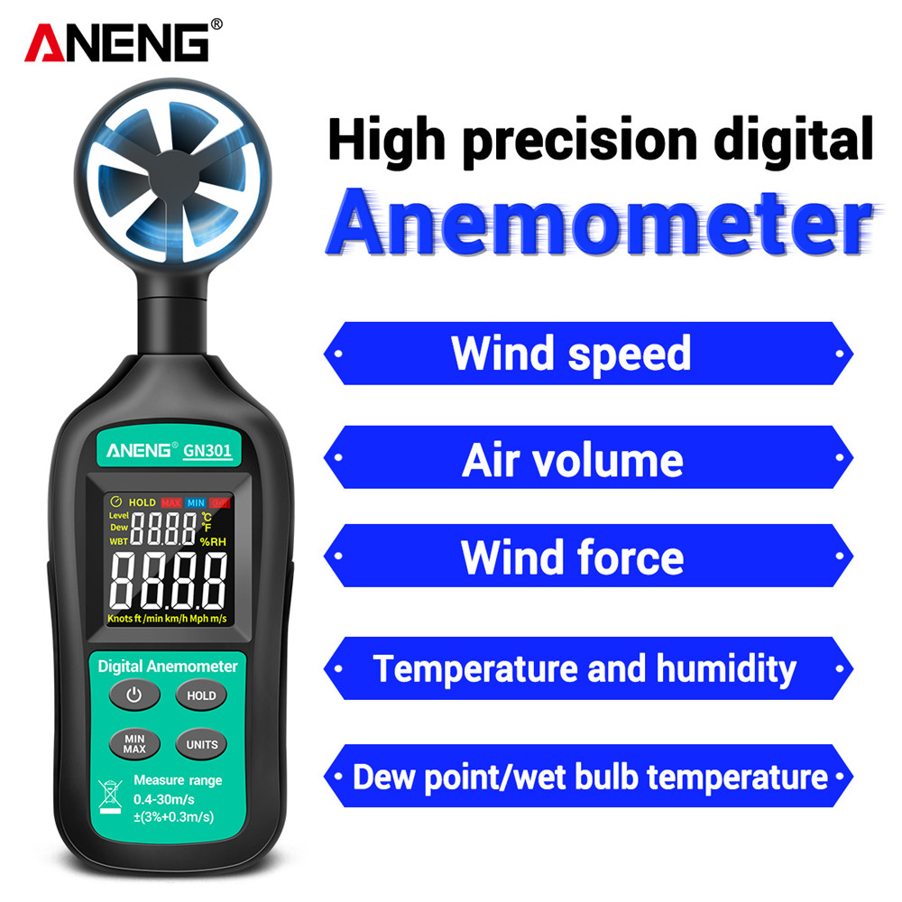 ANENG GN301 Digital Anemometer 0-30m/s Wind Speed Meter -10 ~ 45C Temperature Tester Anemometro with LCD Backlight Display