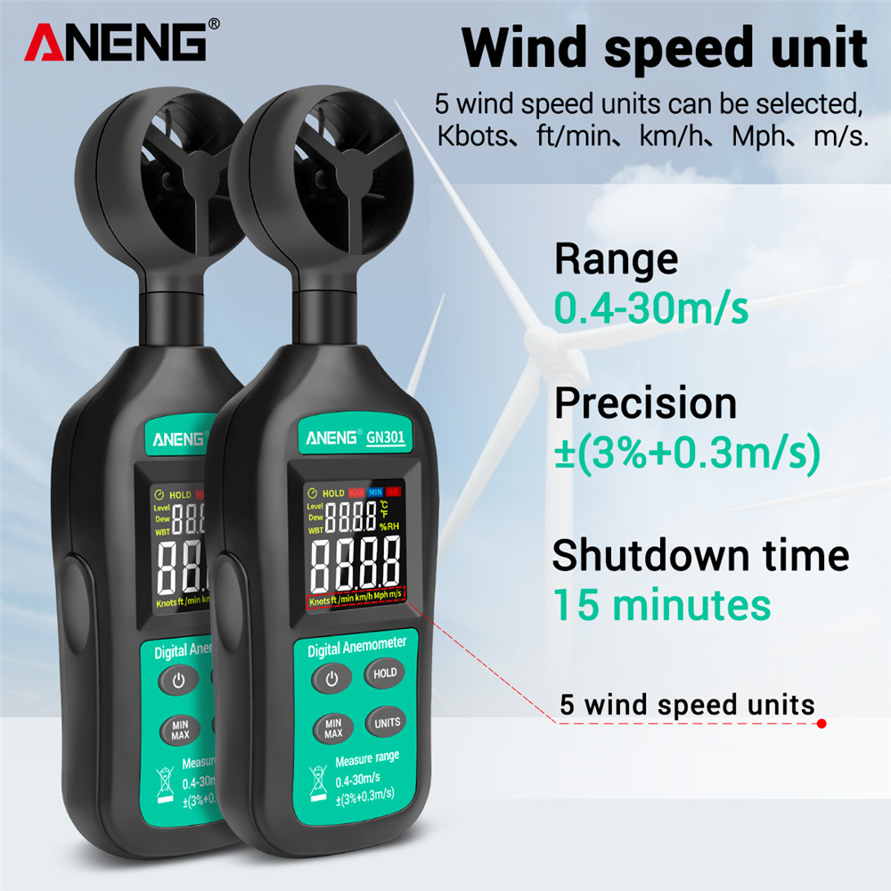 ANENG GN301 Digital Anemometer 0-30m/s Wind Speed Meter -10 ~ 45C Temperature Tester Anemometro with LCD Backlight Display