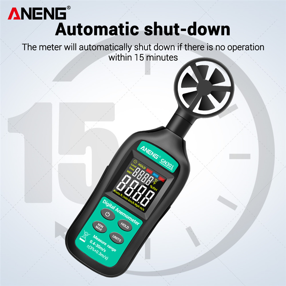 ANENG GN301 Digital Anemometer 0-30m/s Wind Speed Meter -10 ~ 45C Temperature Tester Anemometro with LCD Backlight Display