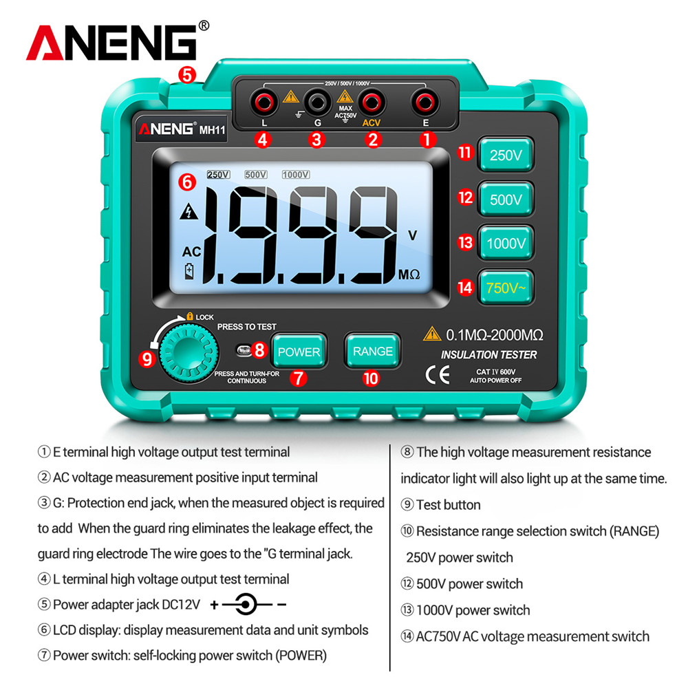 ANENG MH11 Digital Megohmmeter Meters 250/500/1000V Insulation Earth Resistance Meters Tester cable Voltmeter Megger Meter