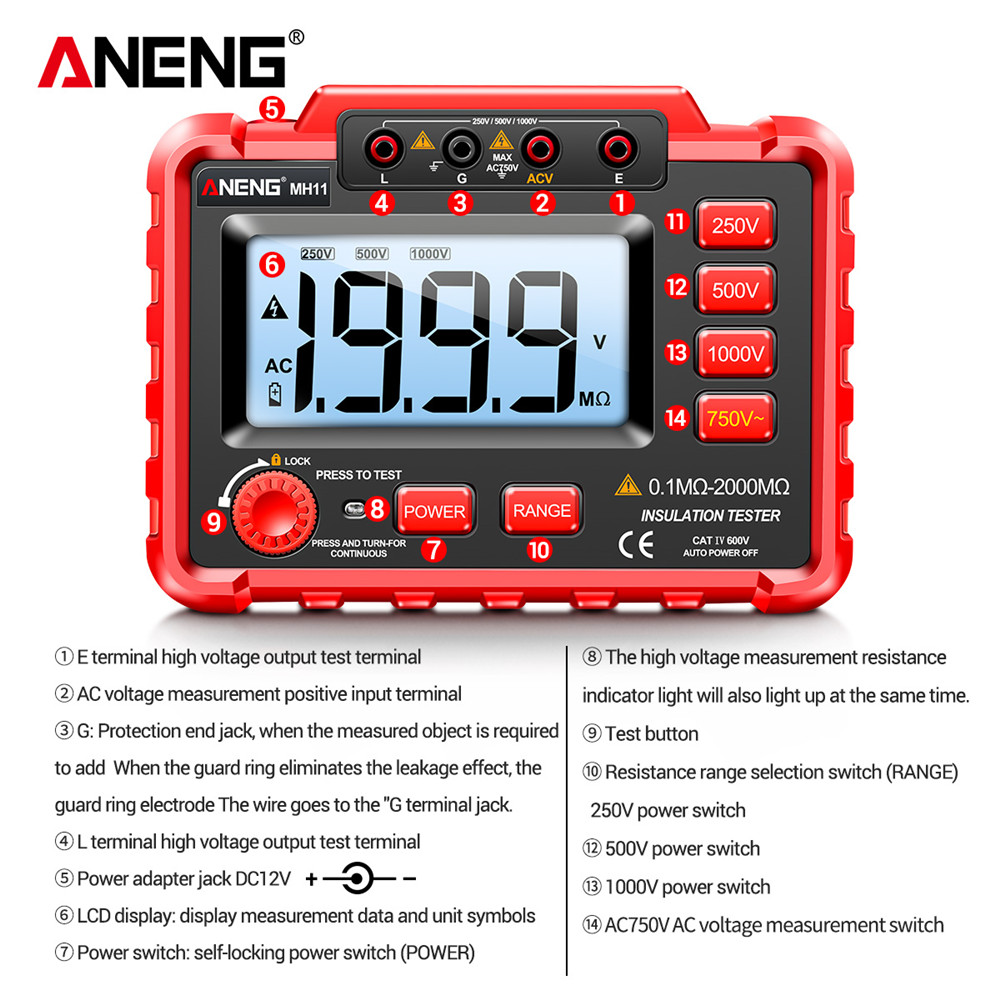 ANENG MH11 Digital Megohmmeter Meters 250/500/1000V Insulation Earth Resistance Meters Tester cable Voltmeter Megger Meter