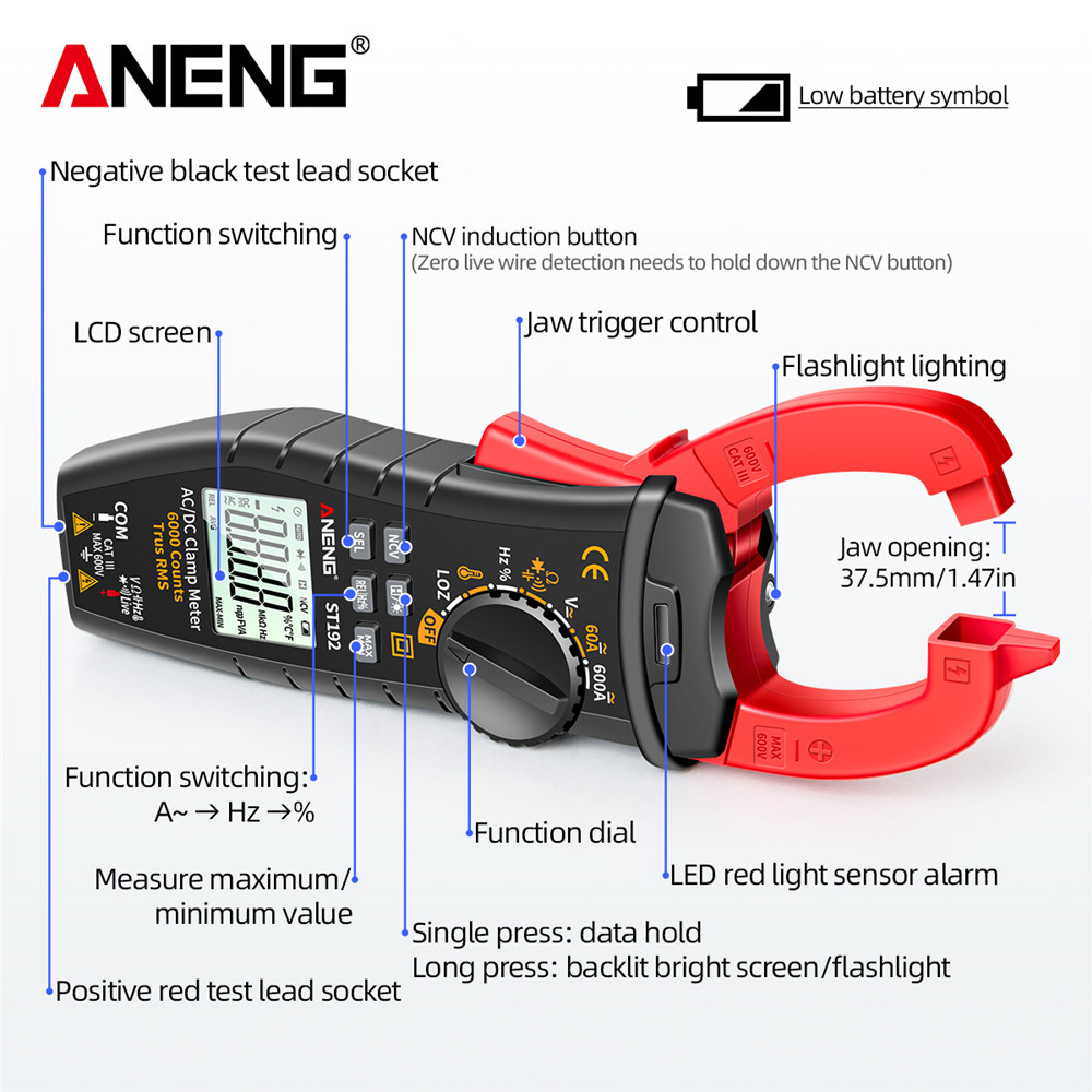 ANENG ST191/ST192 Digital Clamp Meters Multimeter 60A/600A Tester AC/DC Current 6000 Counts True RMS Capacitance NCV Ohm Hz Transistor