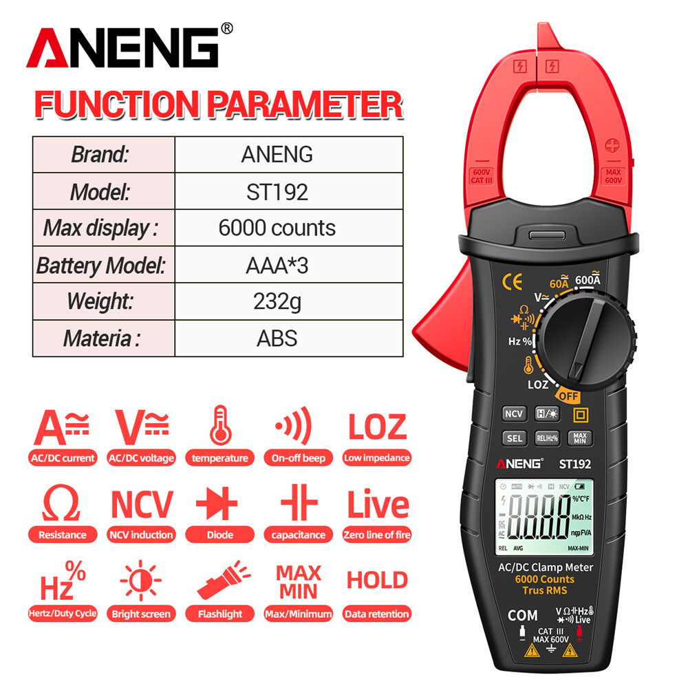 ANENG ST191/ST192 Digital Clamp Meters Multimeter 60A/600A Tester AC/DC Current 6000 Counts True RMS Capacitance NCV Ohm Hz Transistor